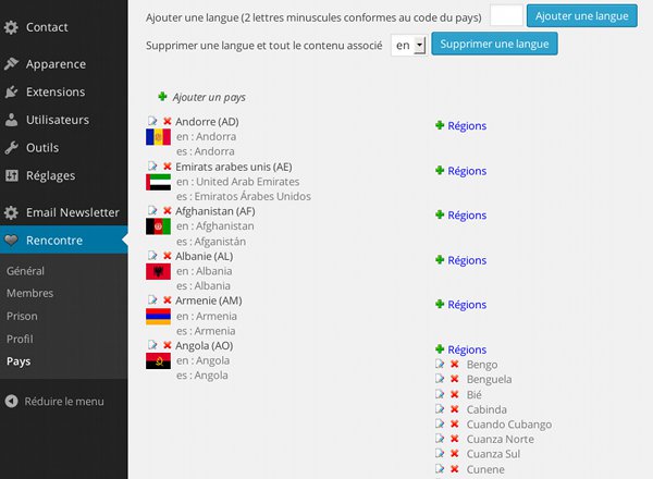 Admin Plugin Rencontre - Pays